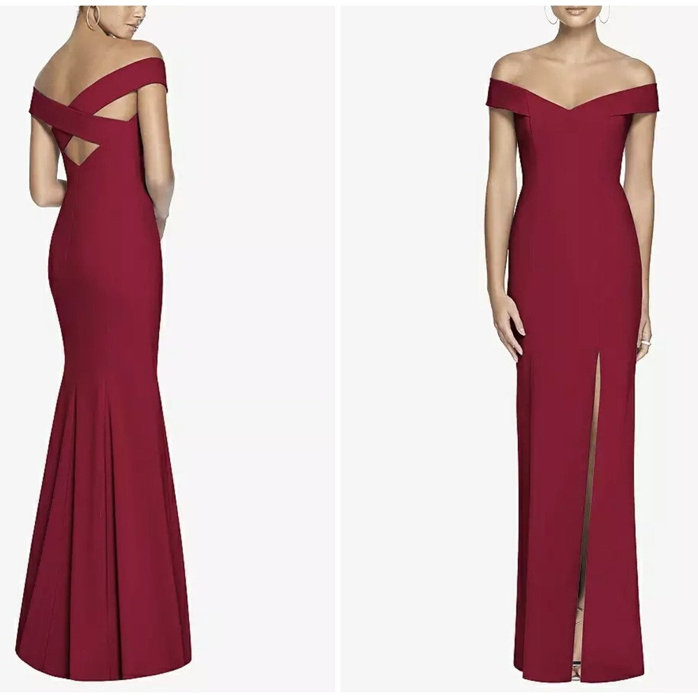 NWT Dessy Off-the-Shoulder Criss Cross‎ Back Trumpet Gown in Burgundy Sz 12